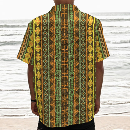 African Tribal Inspired Pattern Print Textured Short Sleeve Shirt