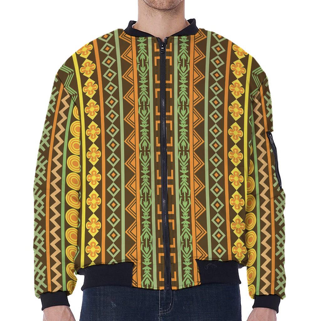 African Tribal Inspired Pattern Print Zip Sleeve Bomber Jacket