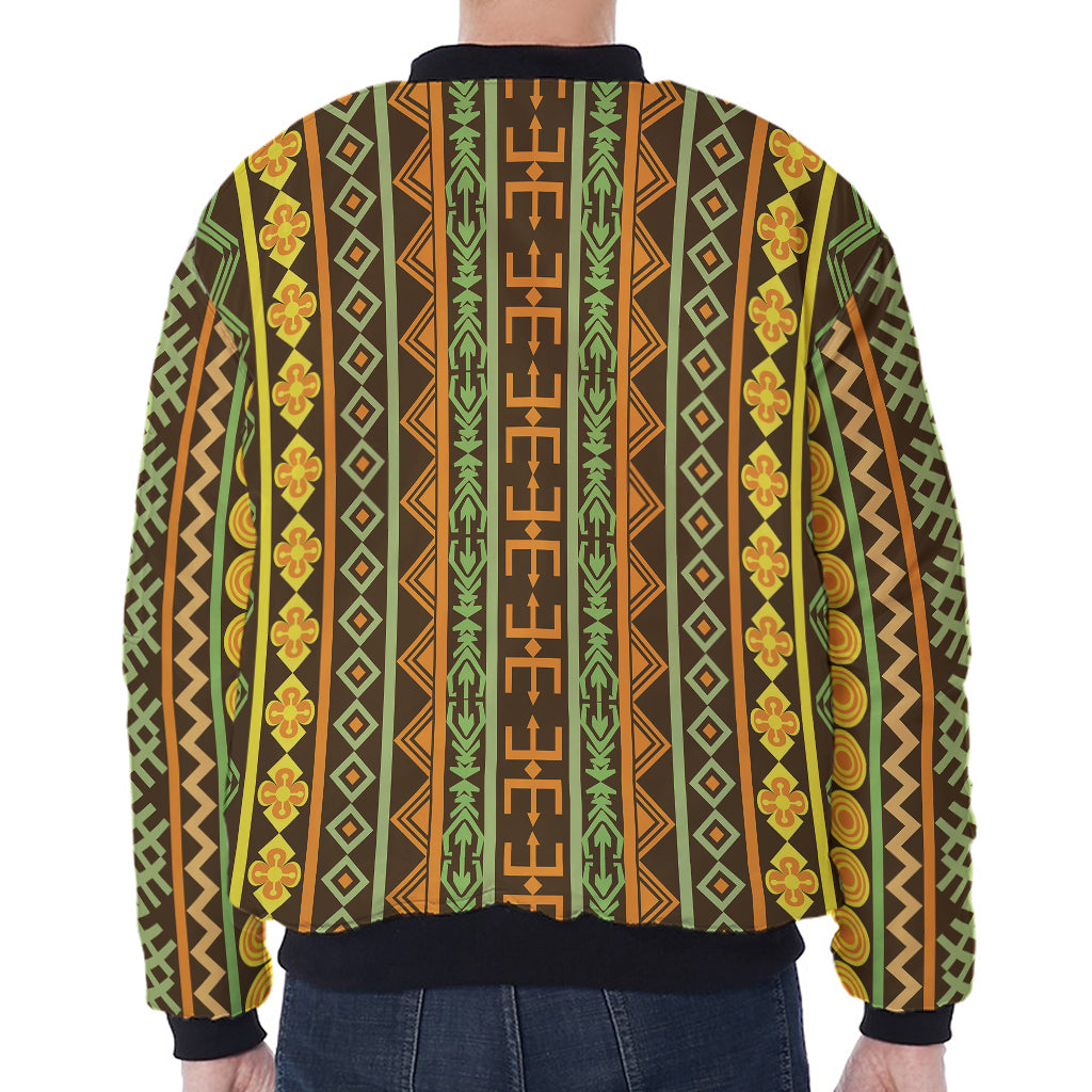 African Tribal Inspired Pattern Print Zip Sleeve Bomber Jacket