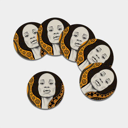 African Woman Print Leather Coaster Set