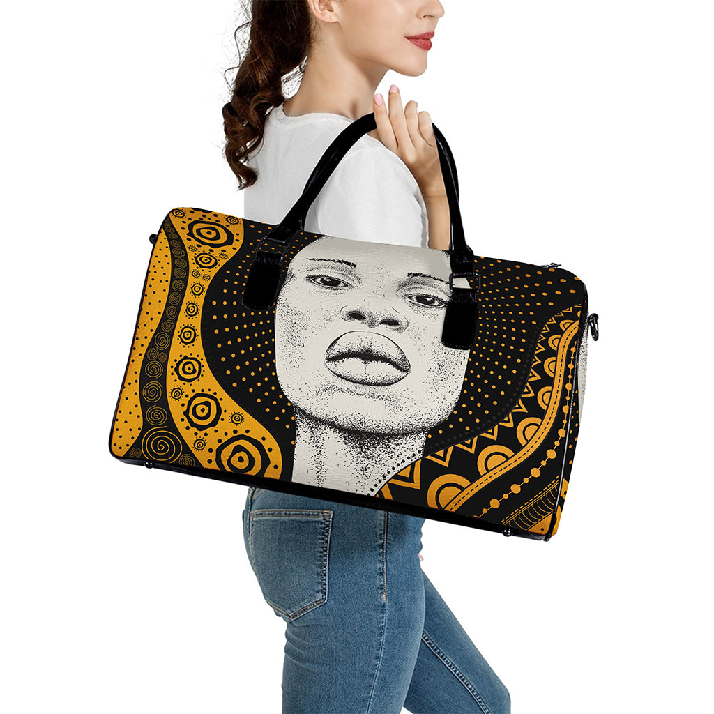 African Woman Print Leather Duffle Bag