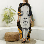 African Woman Print Silk V-Neck Kaftan Dress