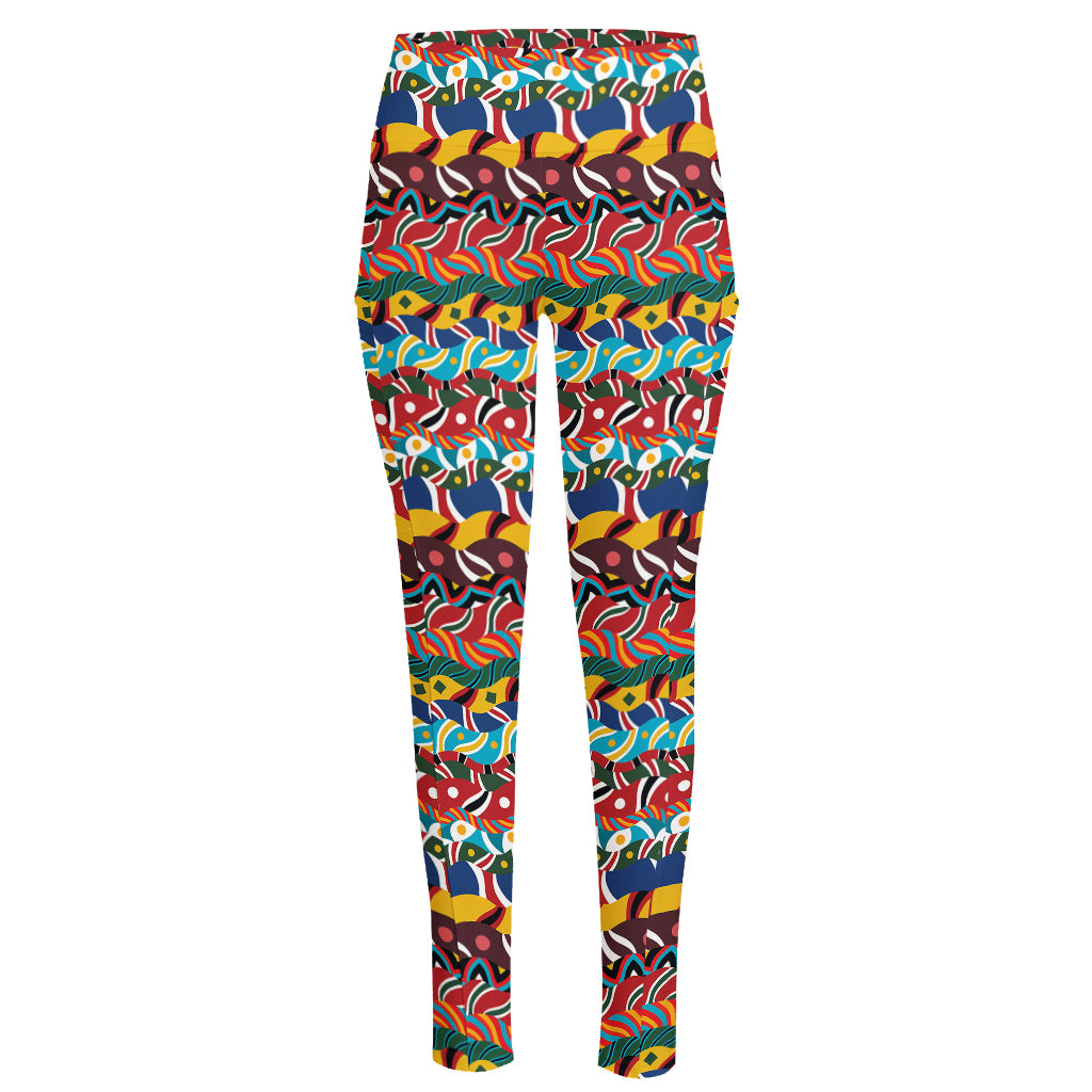 Afro African Ethnic Pattern Print High-Waisted Pocket Leggings