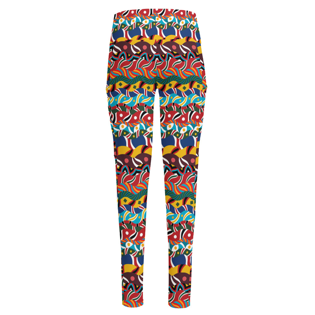 Afro African Ethnic Pattern Print High-Waisted Pocket Leggings