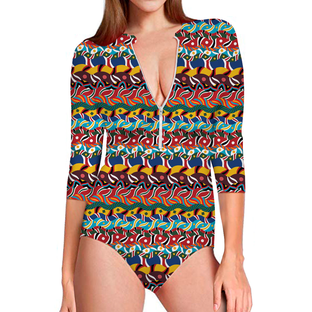 Afro African Ethnic Pattern Print Long Sleeve Swimsuit