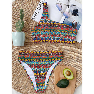 Afro African Ethnic Pattern Print One Shoulder Bikini Top