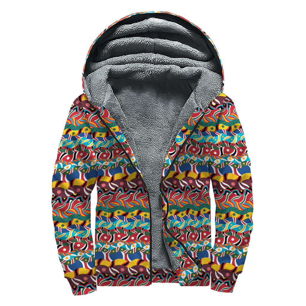 Afro African Ethnic Pattern Print Sherpa Lined Zip Up Hoodie