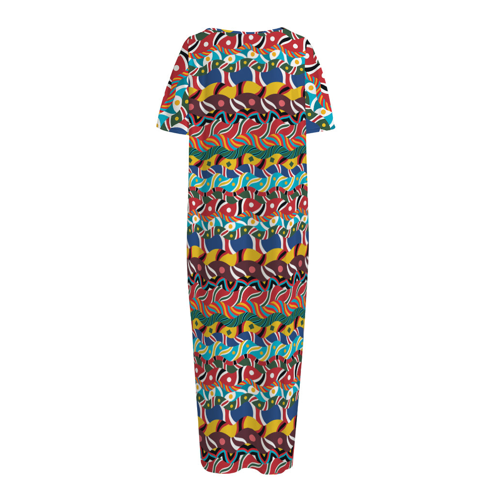 Afro African Ethnic Pattern Print Short Sleeve Long Nightdress