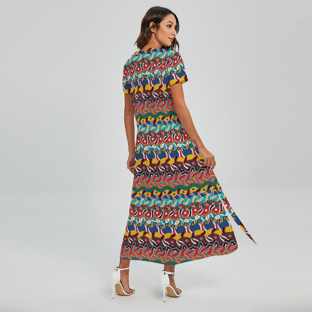 Afro African Ethnic Pattern Print Short Sleeve Maxi Dress