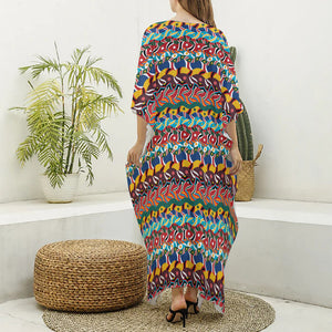 Afro African Ethnic Pattern Print Silk V-Neck Kaftan Dress