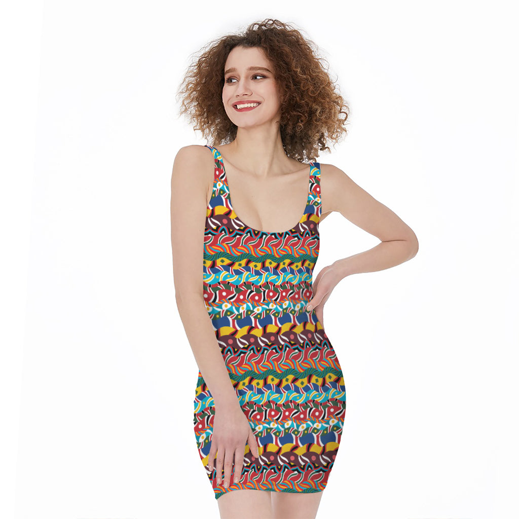 Afro African Ethnic Pattern Print Sleeveless Bodycon Dress