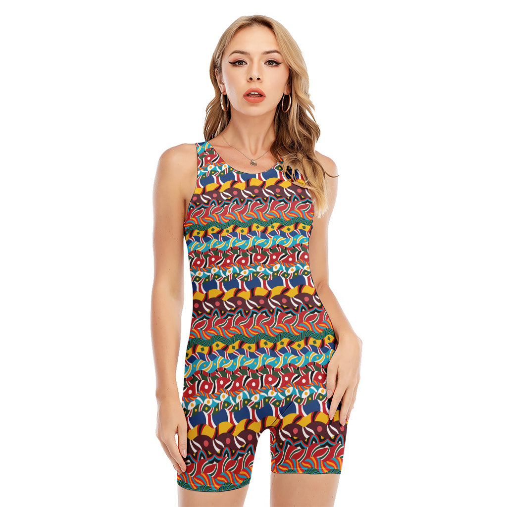 Afro African Ethnic Pattern Print Sleeveless One Piece Swimsuit