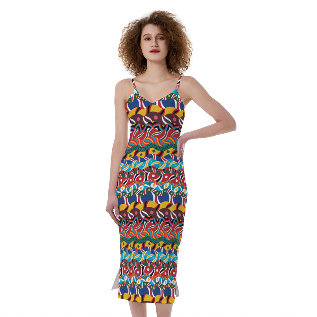 Afro African Ethnic Pattern Print Slim Fit Midi Cami Dress