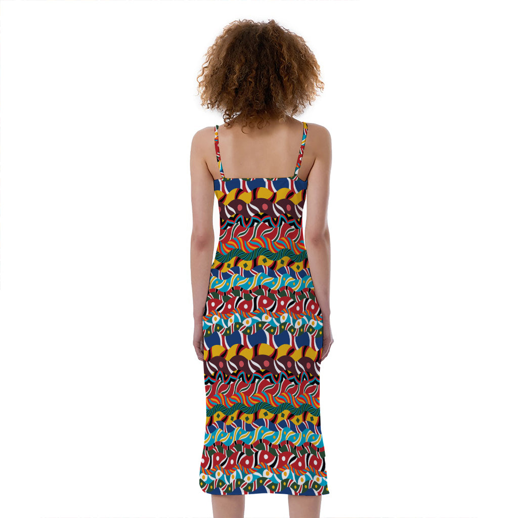 Afro African Ethnic Pattern Print Slim Fit Midi Cami Dress