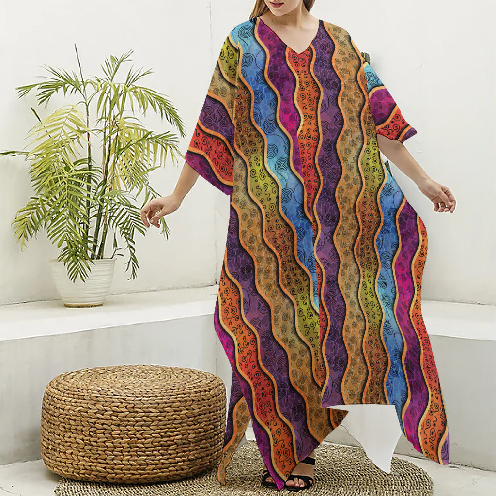 Afro Ethnic Inspired Print Silk V-Neck Kaftan Dress