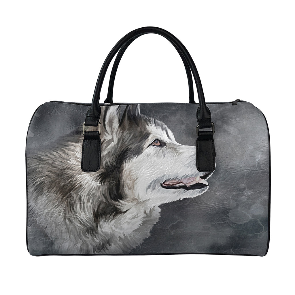 Alaskan Malamute Painting Print Leather Duffle Bag