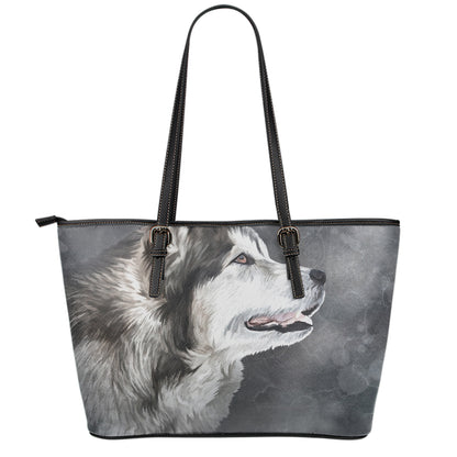 Alaskan Malamute Painting Print Leather Tote Bag