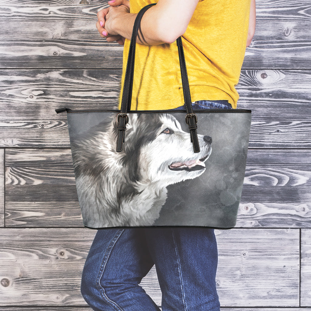 Alaskan Malamute Painting Print Leather Tote Bag