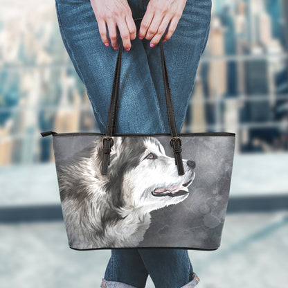 Alaskan Malamute Painting Print Leather Tote Bag