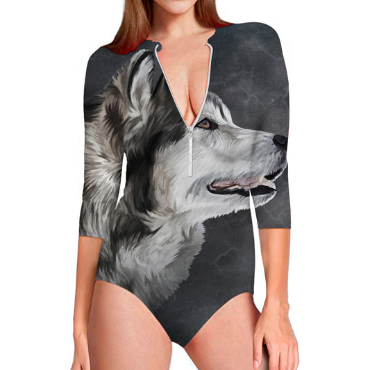 Alaskan Malamute Painting Print Long Sleeve Swimsuit