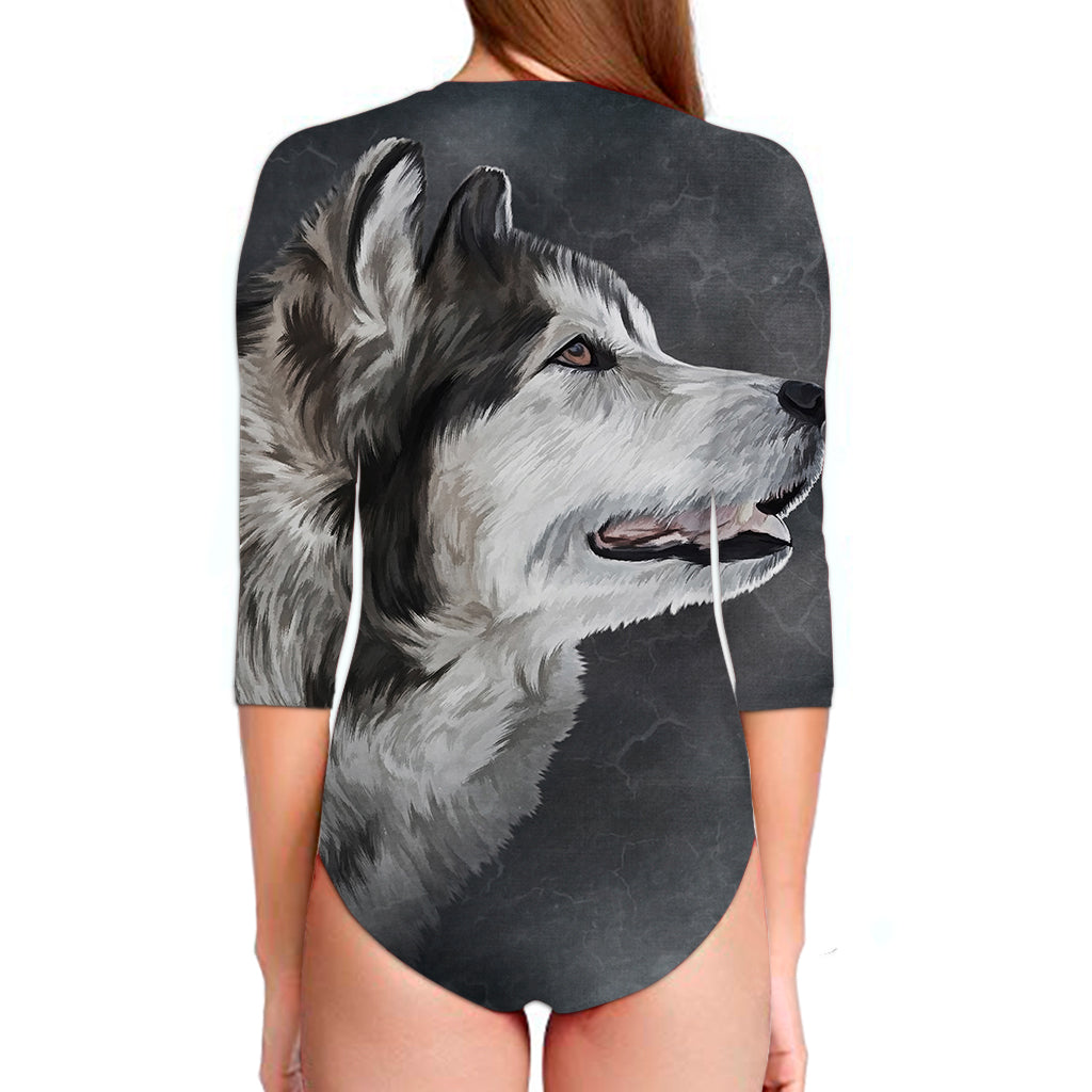 Alaskan Malamute Painting Print Long Sleeve Swimsuit