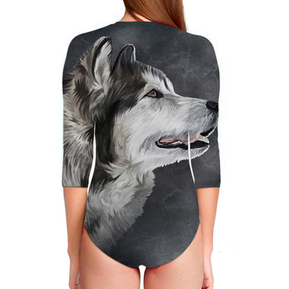 Alaskan Malamute Painting Print Long Sleeve Swimsuit
