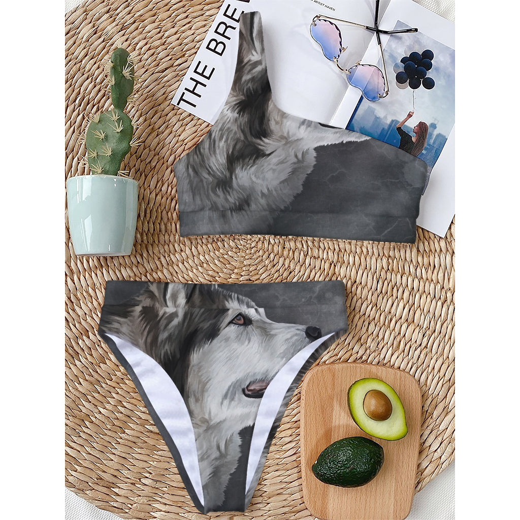 Alaskan Malamute Painting Print One Shoulder Bikini Top