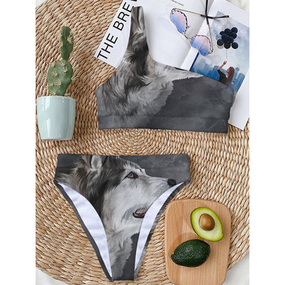 Alaskan Malamute Painting Print One Shoulder Bikini Top