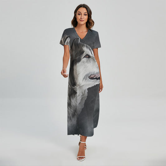 Alaskan Malamute Painting Print Short Sleeve Maxi Dress