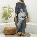 Alaskan Malamute Painting Print Silk V-Neck Kaftan Dress
