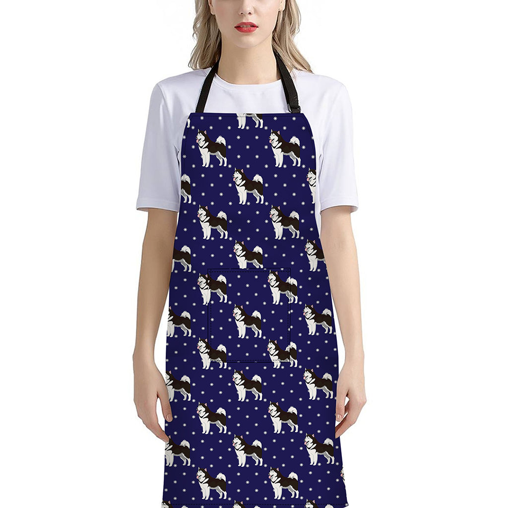 Alaskan Malamute Pattern Print Bib Apron With Pocket
