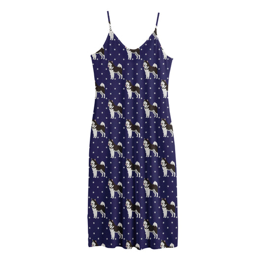 Alaskan Malamute Pattern Print Jersey Midi Cami Dress