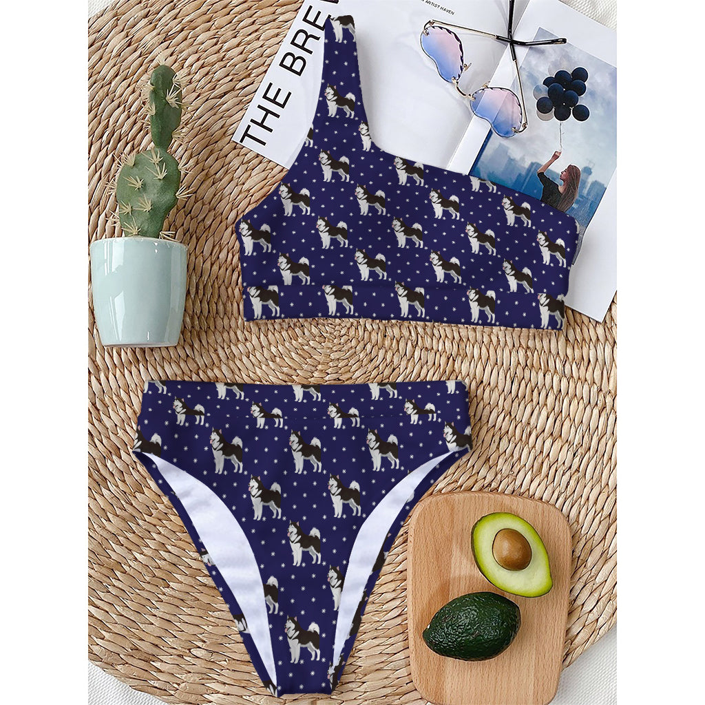 Alaskan Malamute Pattern Print One Shoulder Bikini Top