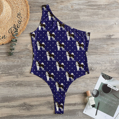 Alaskan Malamute Pattern Print One Shoulder Bodysuit