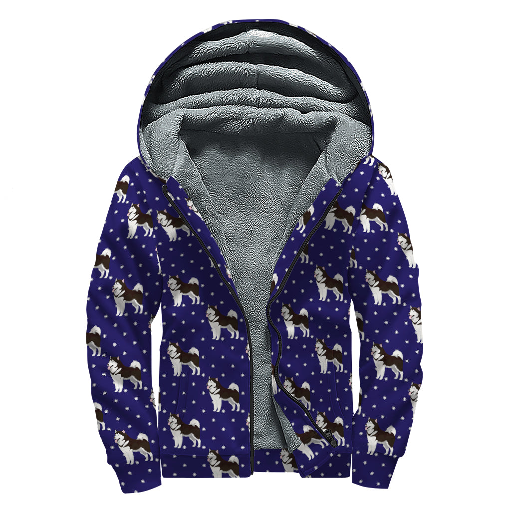 Alaskan Malamute Pattern Print Sherpa Lined Zip Up Hoodie