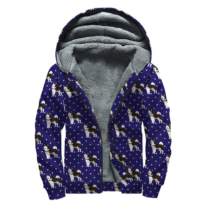 Alaskan Malamute Pattern Print Sherpa Lined Zip Up Hoodie