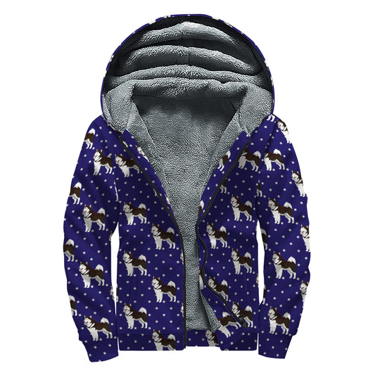 Alaskan Malamute Pattern Print Sherpa Lined Zip Up Hoodie