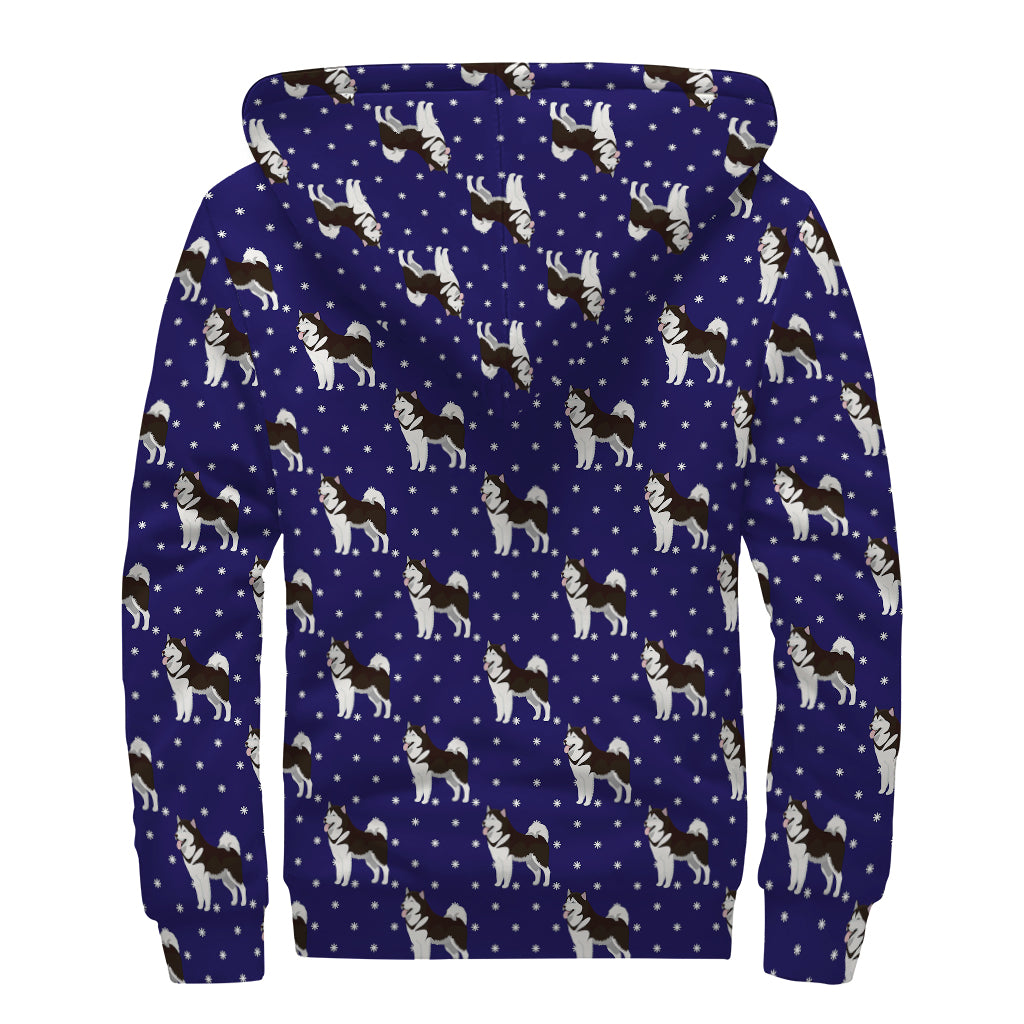 Alaskan Malamute Pattern Print Sherpa Lined Zip Up Hoodie