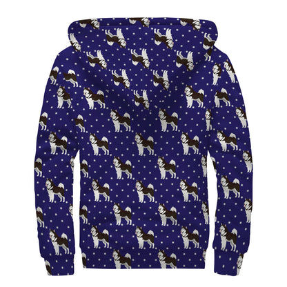Alaskan Malamute Pattern Print Sherpa Lined Zip Up Hoodie