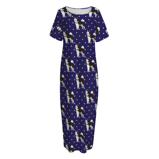 Alaskan Malamute Pattern Print Short Sleeve Long Nightdress