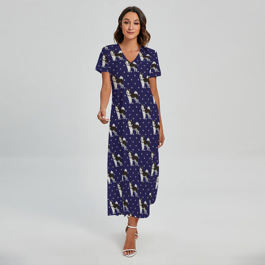 Alaskan Malamute Pattern Print Short Sleeve Maxi Dress