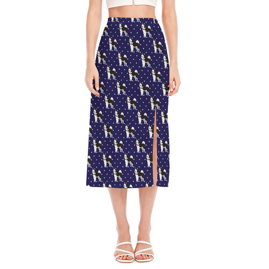 Alaskan Malamute Pattern Print Side Slit Midi Skirt