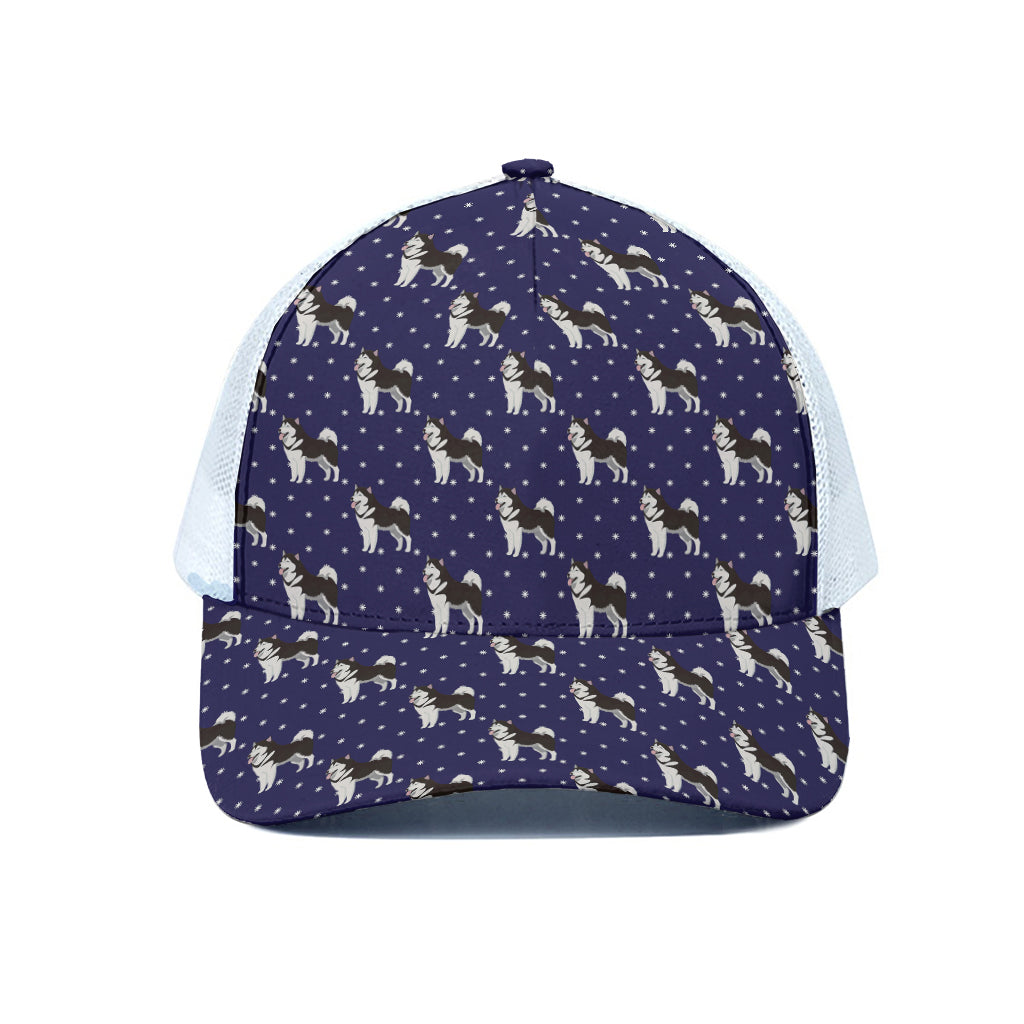 Alaskan Malamute Pattern Print White Mesh Trucker Cap
