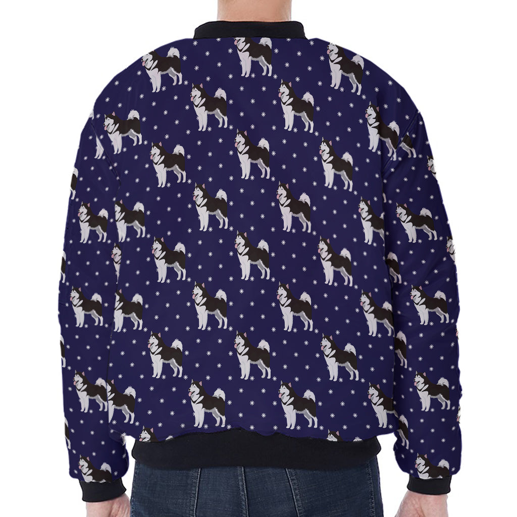 Alaskan Malamute Pattern Print Zip Sleeve Bomber Jacket