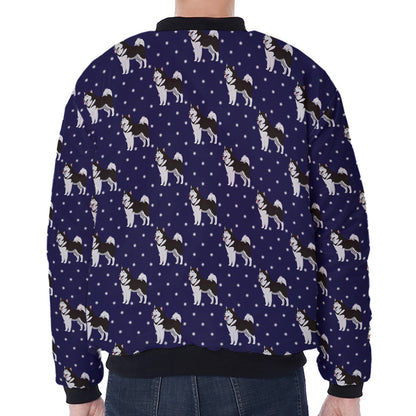 Alaskan Malamute Pattern Print Zip Sleeve Bomber Jacket