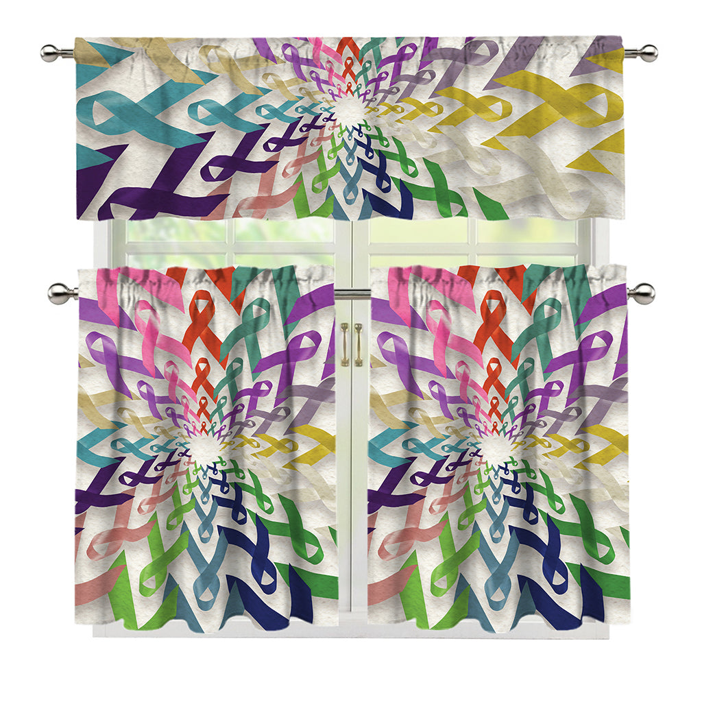 All Cancer Awareness Mandala Print 3 Piece Kitchen Curtains