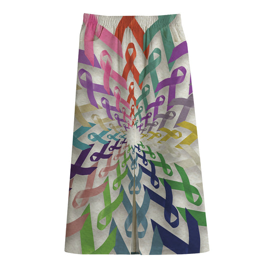 All Cancer Awareness Mandala Print Cotton Front Slit Maxi Skirt