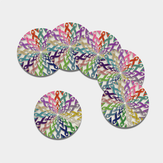 All Cancer Awareness Mandala Print Leather Coaster Set