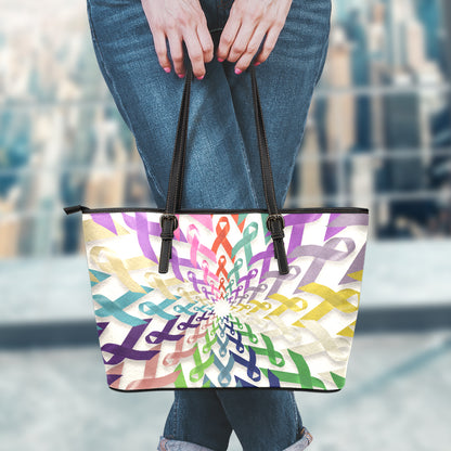 All Cancer Awareness Mandala Print Leather Tote Bag