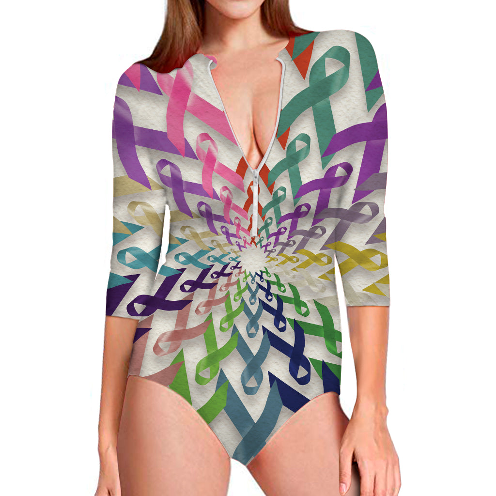 All Cancer Awareness Mandala Print Long Sleeve Swimsuit